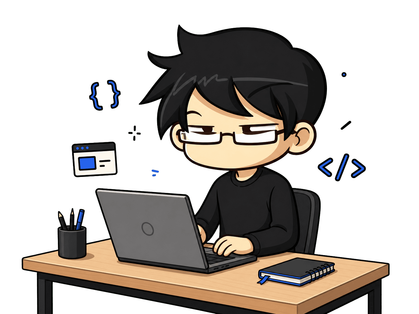 Chibi illustration of Aulia Brahmantio Diaz coding at a laptop