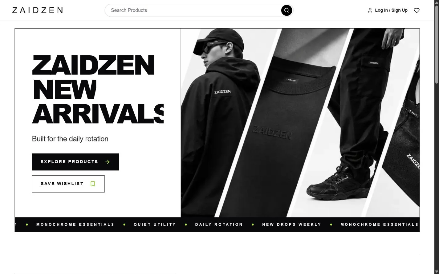Zaidzen homepage showing its monochrome fashion new arrivals collection